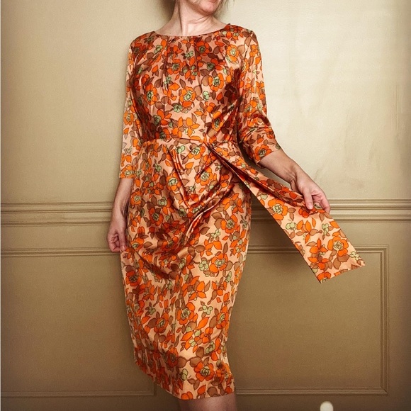 Vintage orange floral Mad Men dress size 10 - Picture 4 of 8